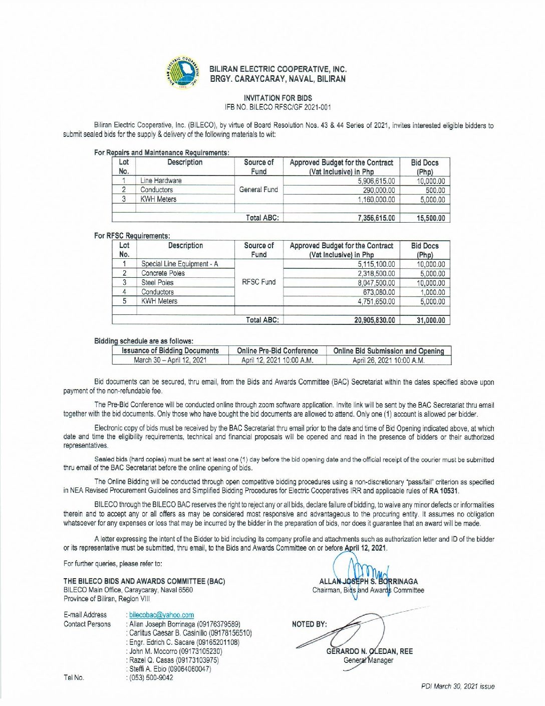 Read more about the article Invitation for Bids re: IFB NO. BILECO RFSC/GF 2021-001