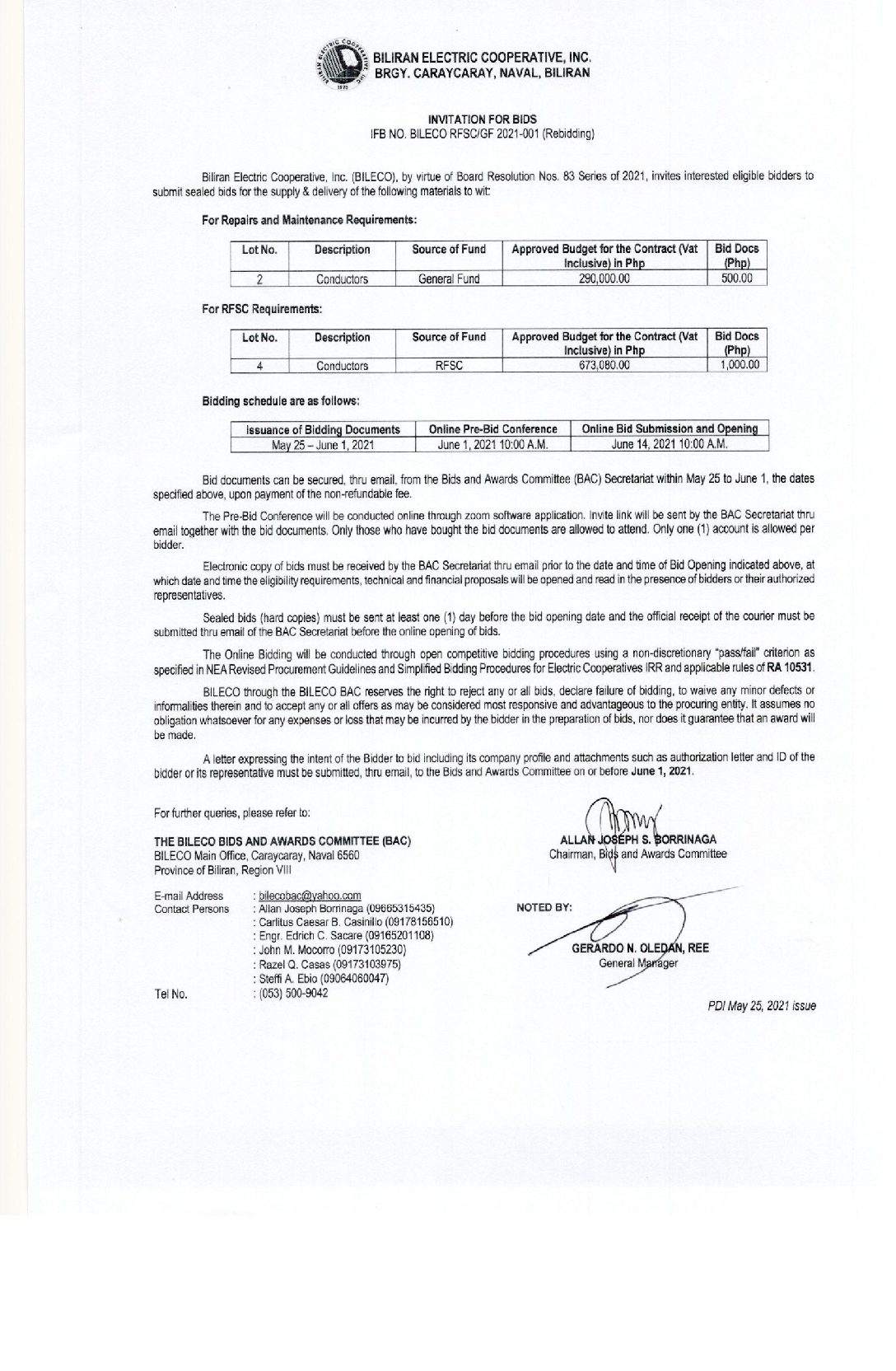 Read more about the article Invitation for Bids re: IFB NO. BILECO RFSC/GF 2021-001 (Rebidding)