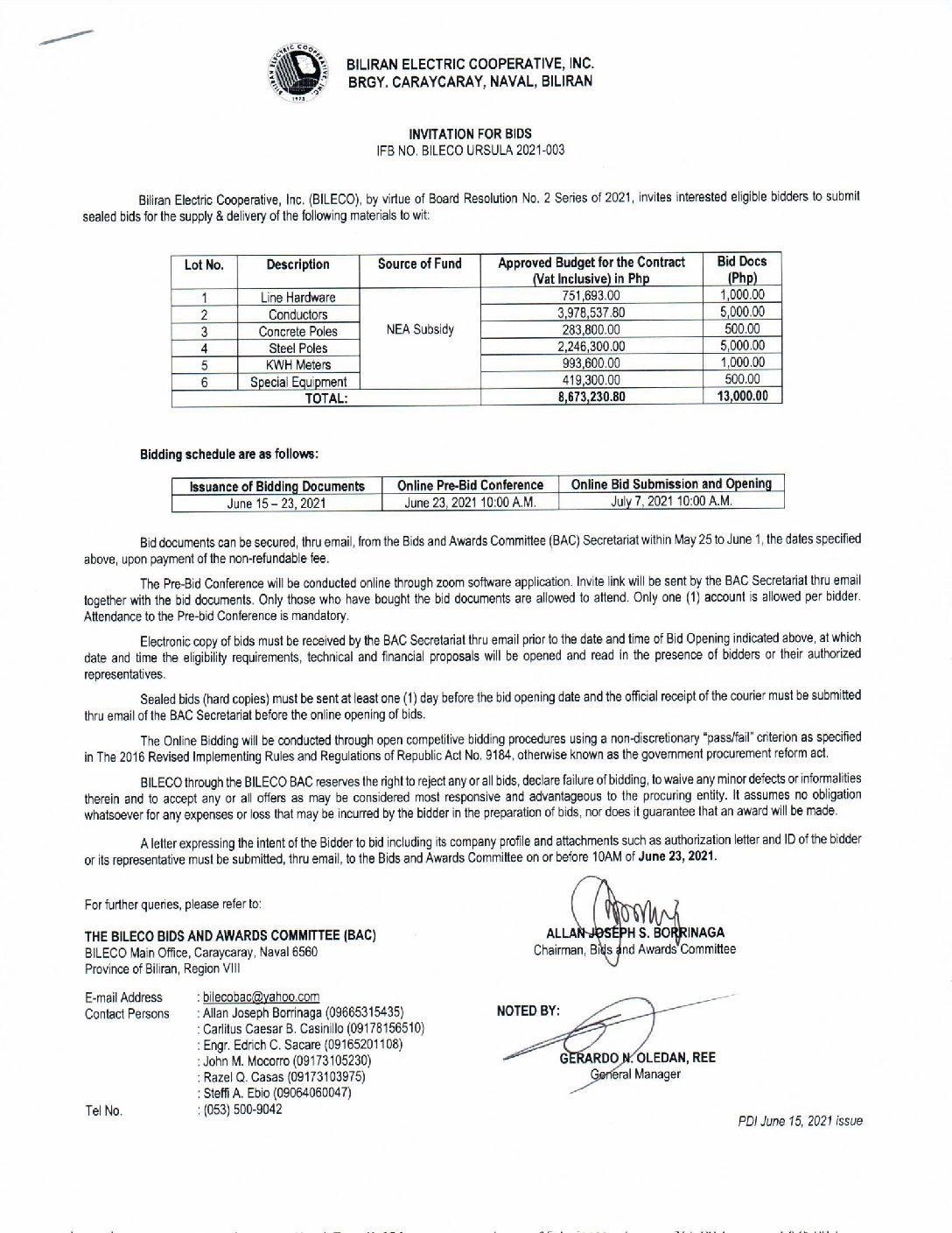 Read more about the article Invitation for Bids re: IFB NO. BILECO URSULA 2021-003