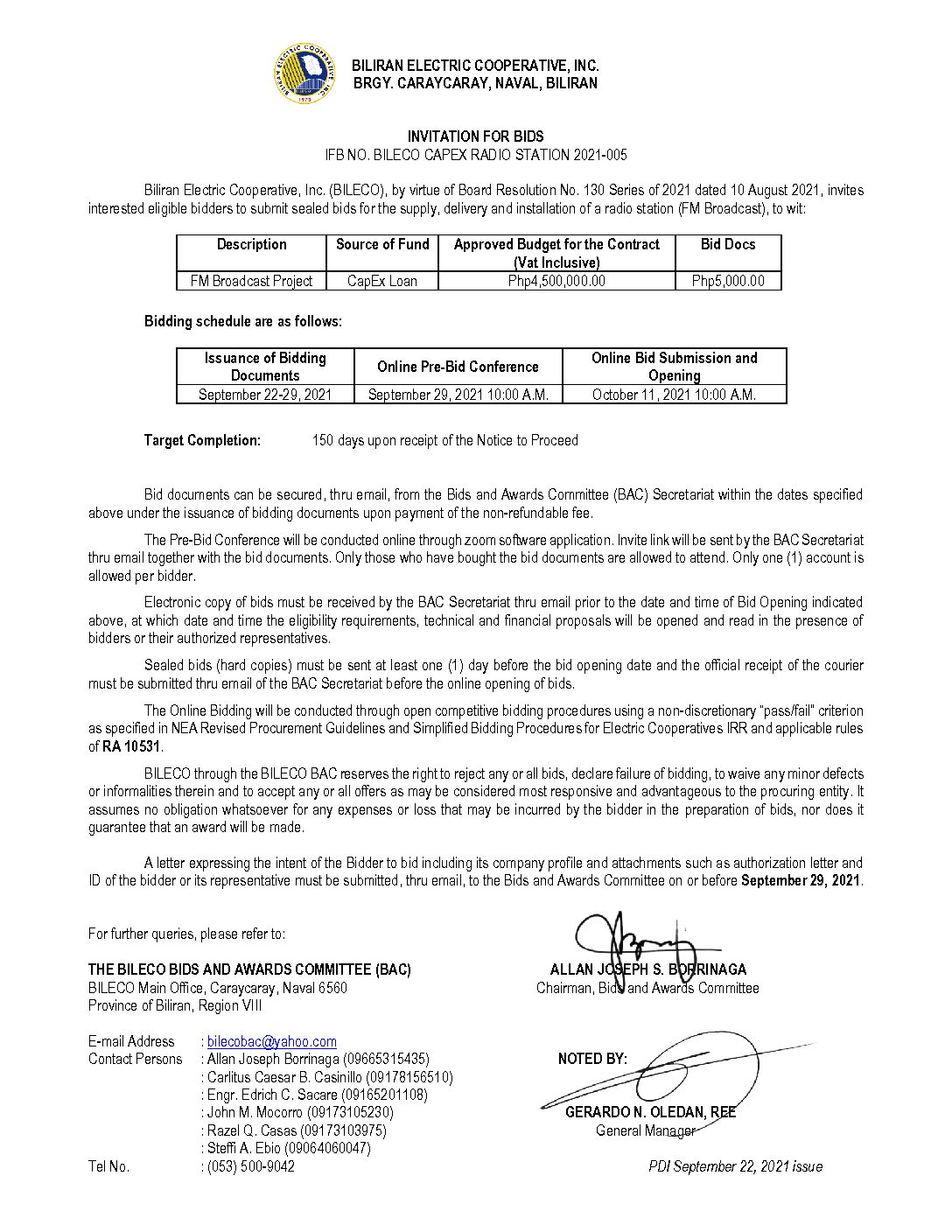 Read more about the article Invitation for Bids re: IFB NO. BILECO CAPEX RADIO STATION 2021-005