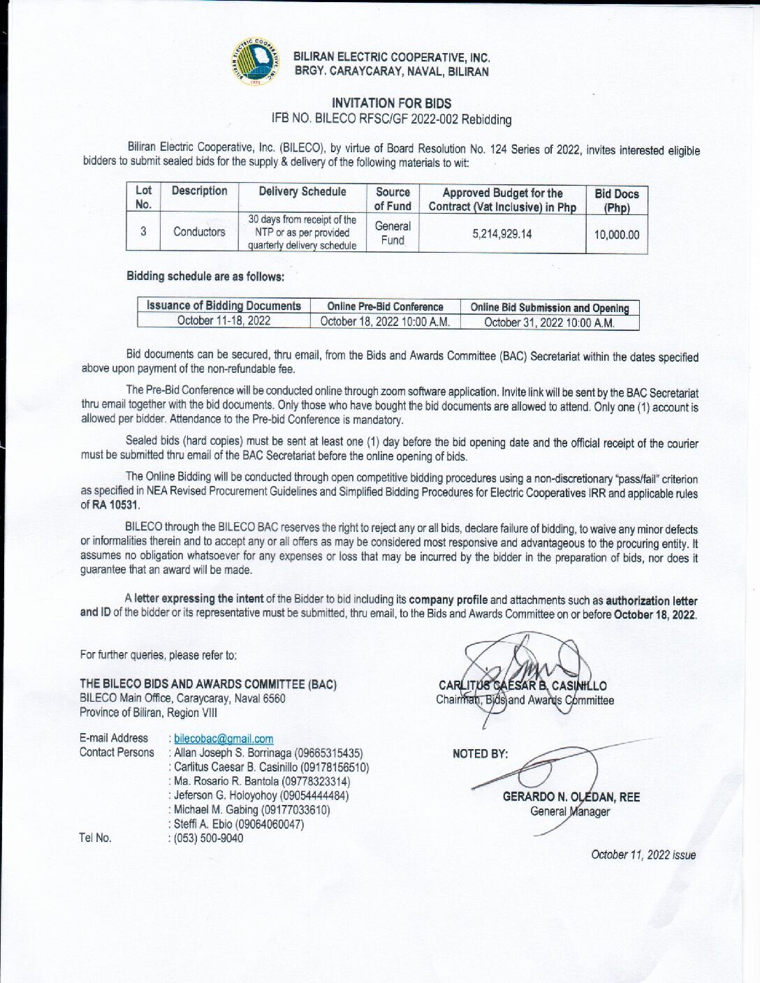 Read more about the article Invitation for Bids re: IFB NO. BILECO RFSC/GF 2022-002 REBIDDING – CONDUCTORS