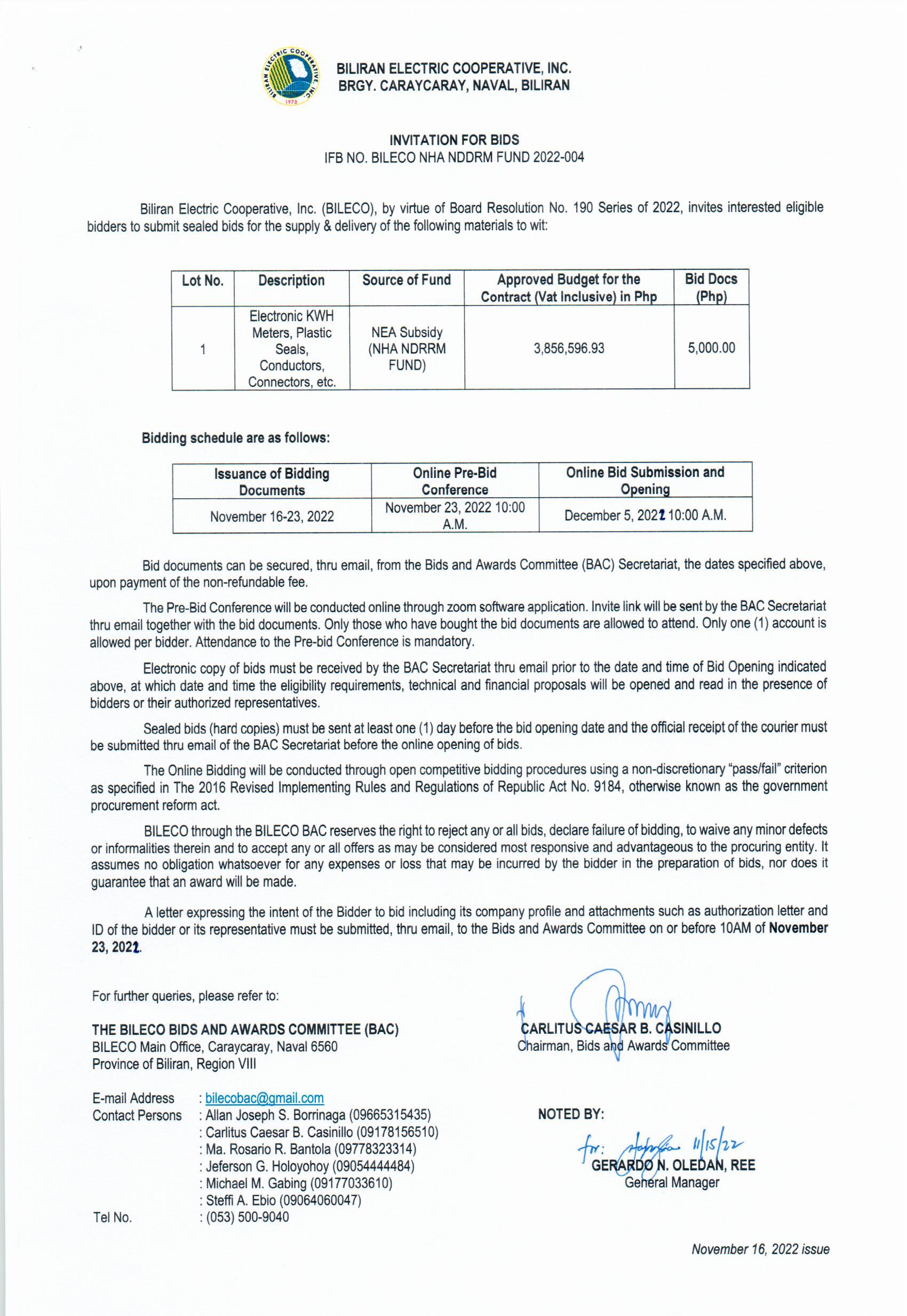 You are currently viewing Invitation for Bids re: IFB NO. BILECO NHA NDRRM FUND 2022-004